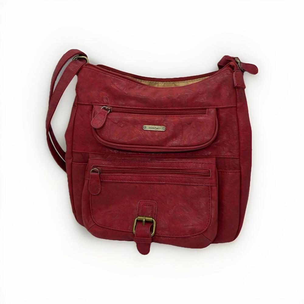 MultiSac Red Shoulder/Crossbody Leather Purse Bag ~ Lots of Pockets ~ EUC
